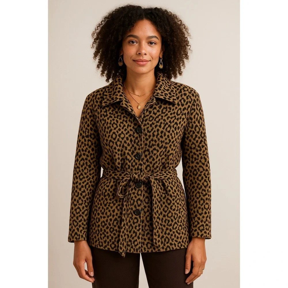 Carole Little Jacket Women XL Tan Black Leopard Print Belted Safari‎
